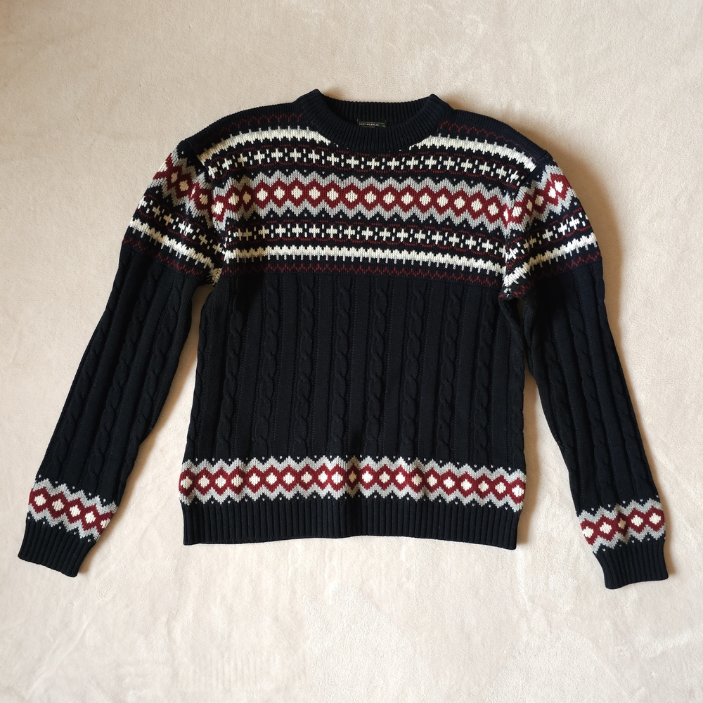 VTG JC Penney Black Burgundy Acrylic Fair Isle Cable Grandpa Sweater